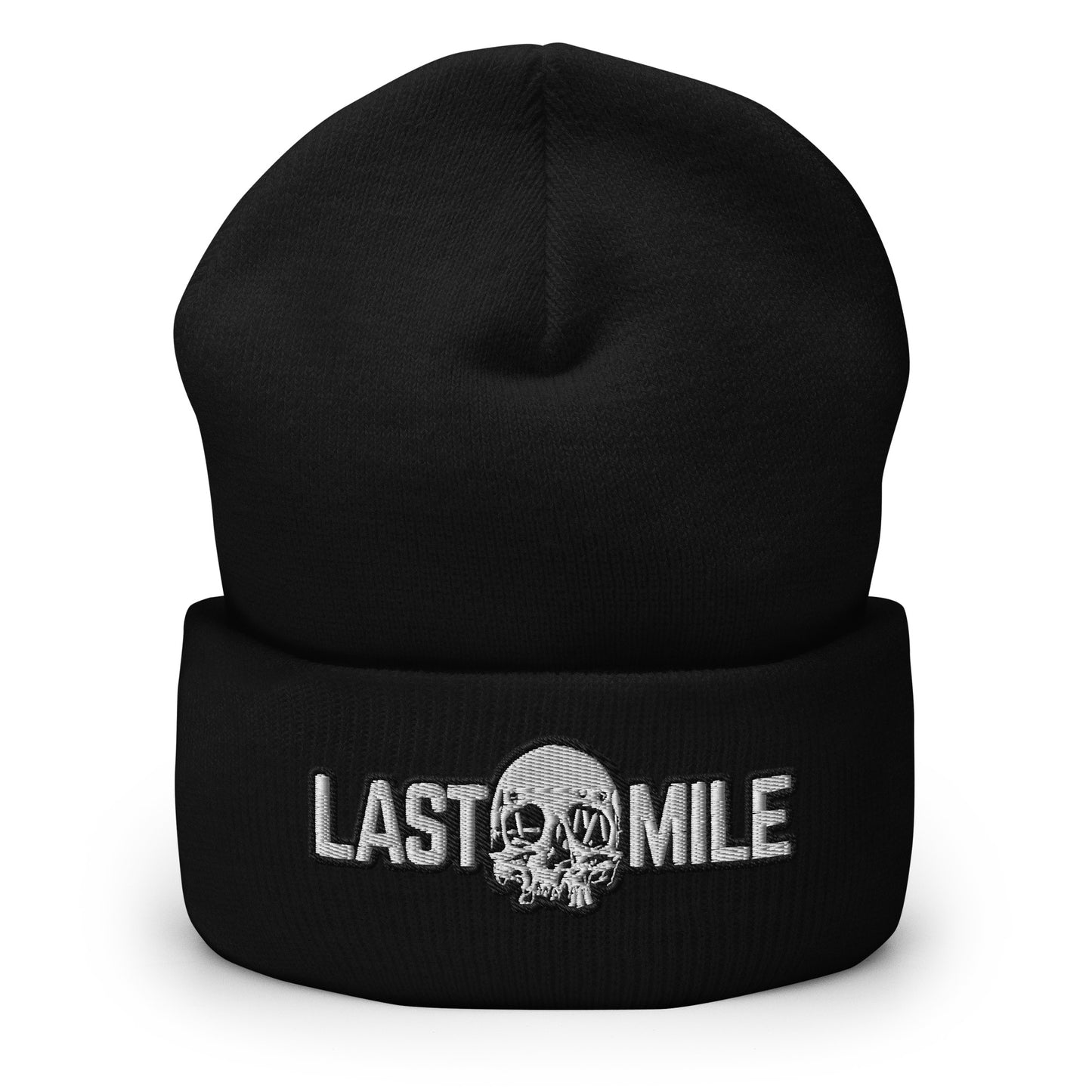 Black cuffed motorcycle beanie with embroidered Last Mile Co. skull logo on the cuff