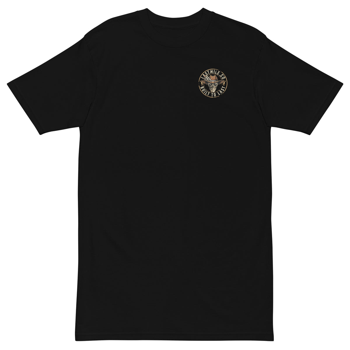 Built to Last Tee men's motorcycle t-shirt, front view, black chest badge