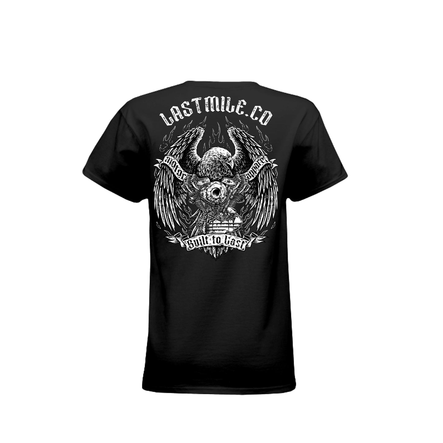 Wing and Iron Tee women's fit motorcycle t-shirt, back graphic, eagle and V-twin engine print