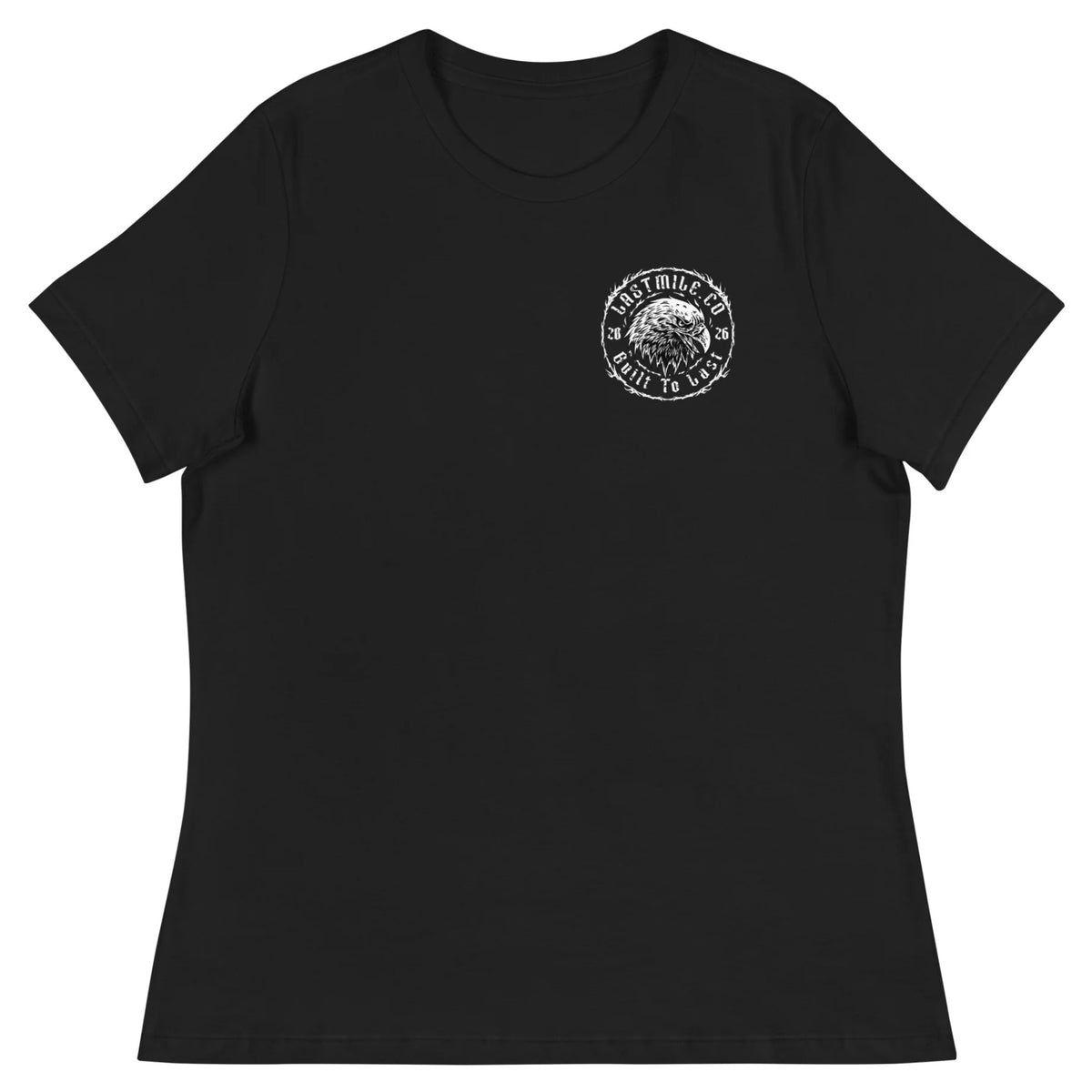 Wing and Iron Womens Tee women's motorcycle t-shirt, front view, black chest badge