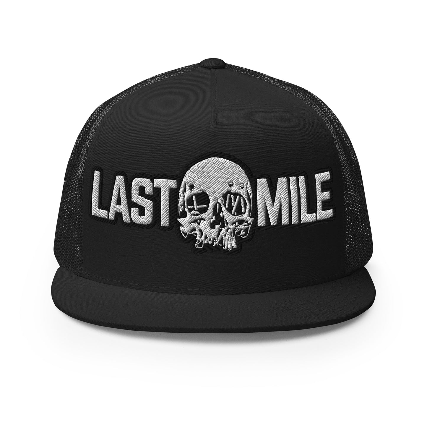 Last Mile Skull Snapback, embroidered motorcycle cap, front view