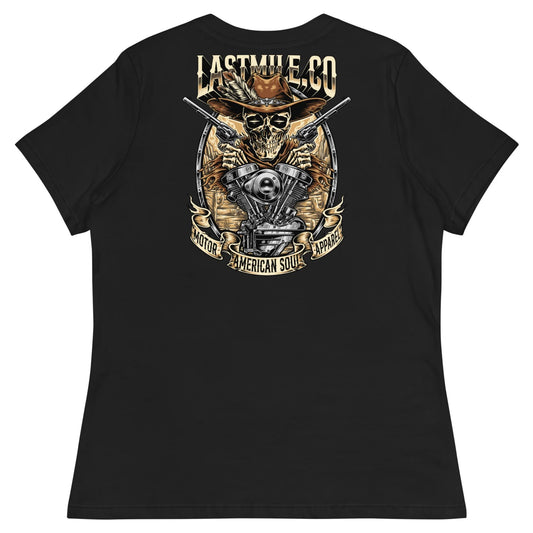 Built to Last Womens Tee women's motorcycle t-shirt, back graphic, skull in a cowboy hat over a V-twin engine