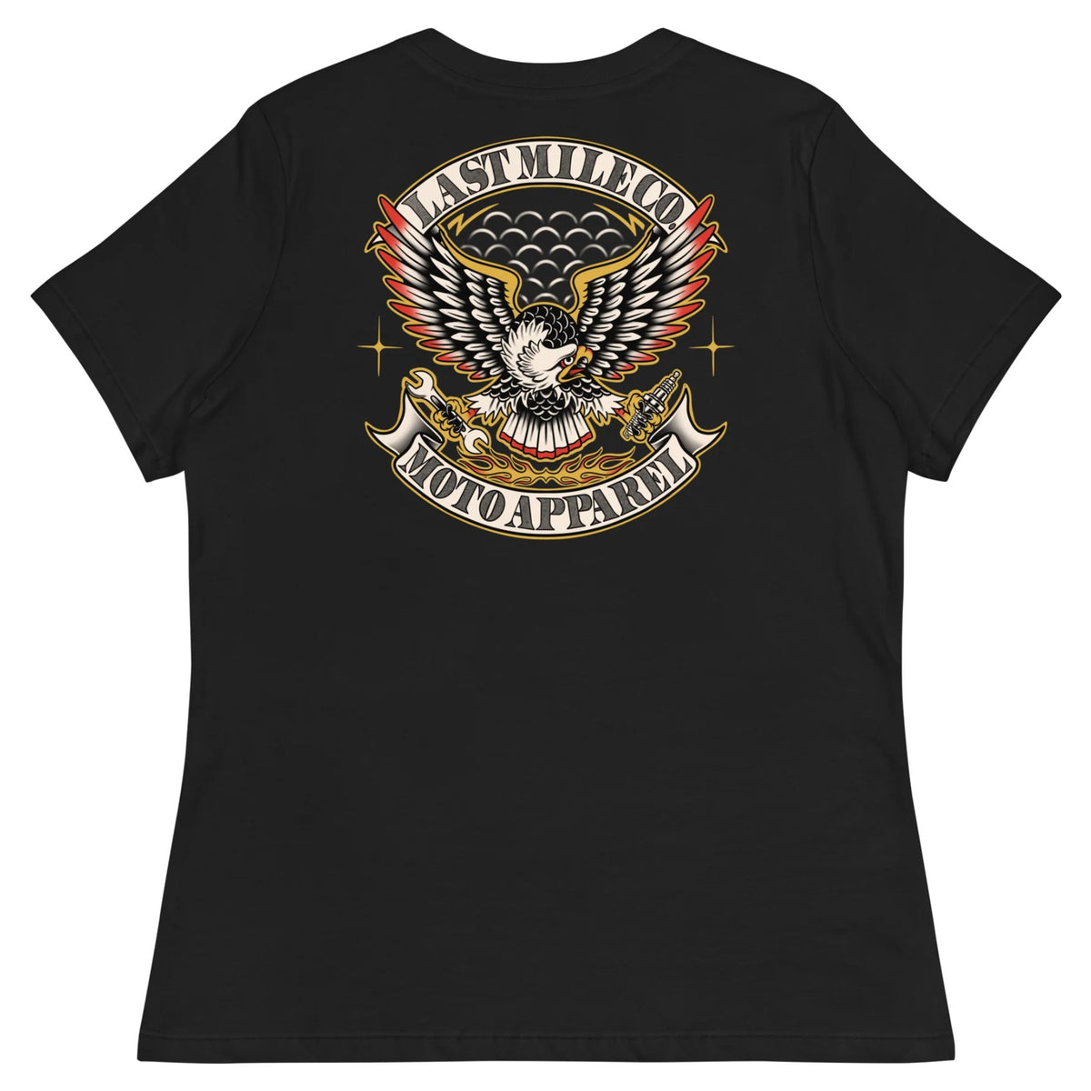Grease and Gold Womens Tee women's motorcycle t-shirt, back graphic, full colour traditional tattoo eagle with wrench and spark plug