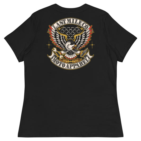 Grease and Gold Womens Tee women's motorcycle t-shirt, back graphic, full colour traditional tattoo eagle with wrench and spark plug