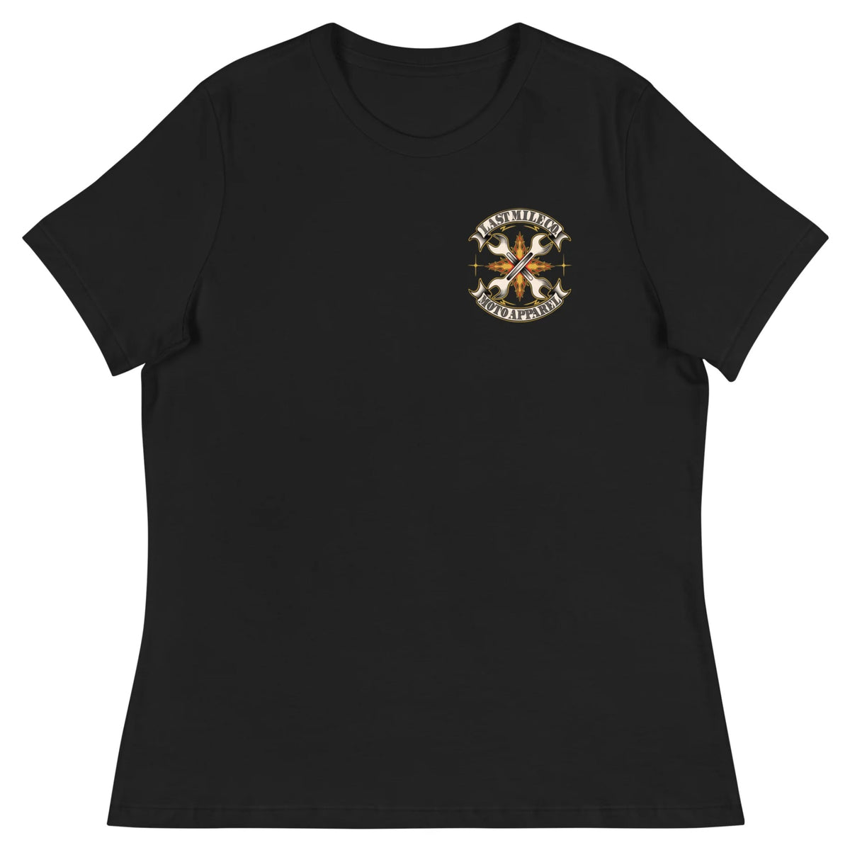 Grease and Gold Womens Tee women's motorcycle t-shirt, front view, crossed wrenches chest badge