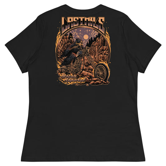 Last Rites Womens Tee women's motorcycle t-shirt, back graphic, reaper riding a chopper through a desert canyon at night