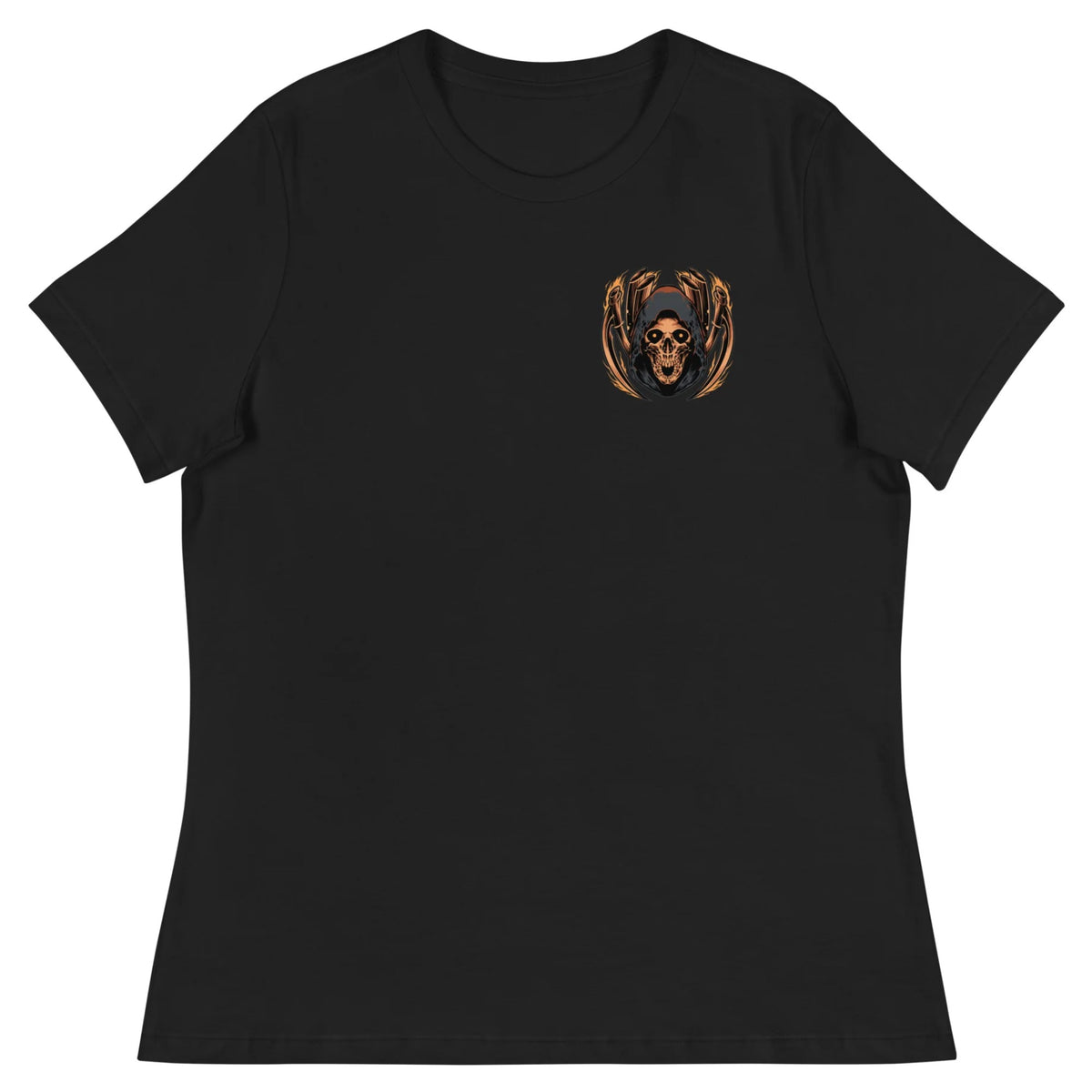 Last Rites Womens Tee women's motorcycle t-shirt, front view, hooded skull chest badge with exhaust pipes