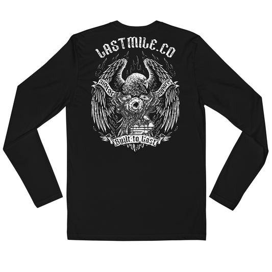Wing and Iron Long Sleeve men's motorcycle riding shirt, back graphic, bald eagle gripping a V-twin engine
