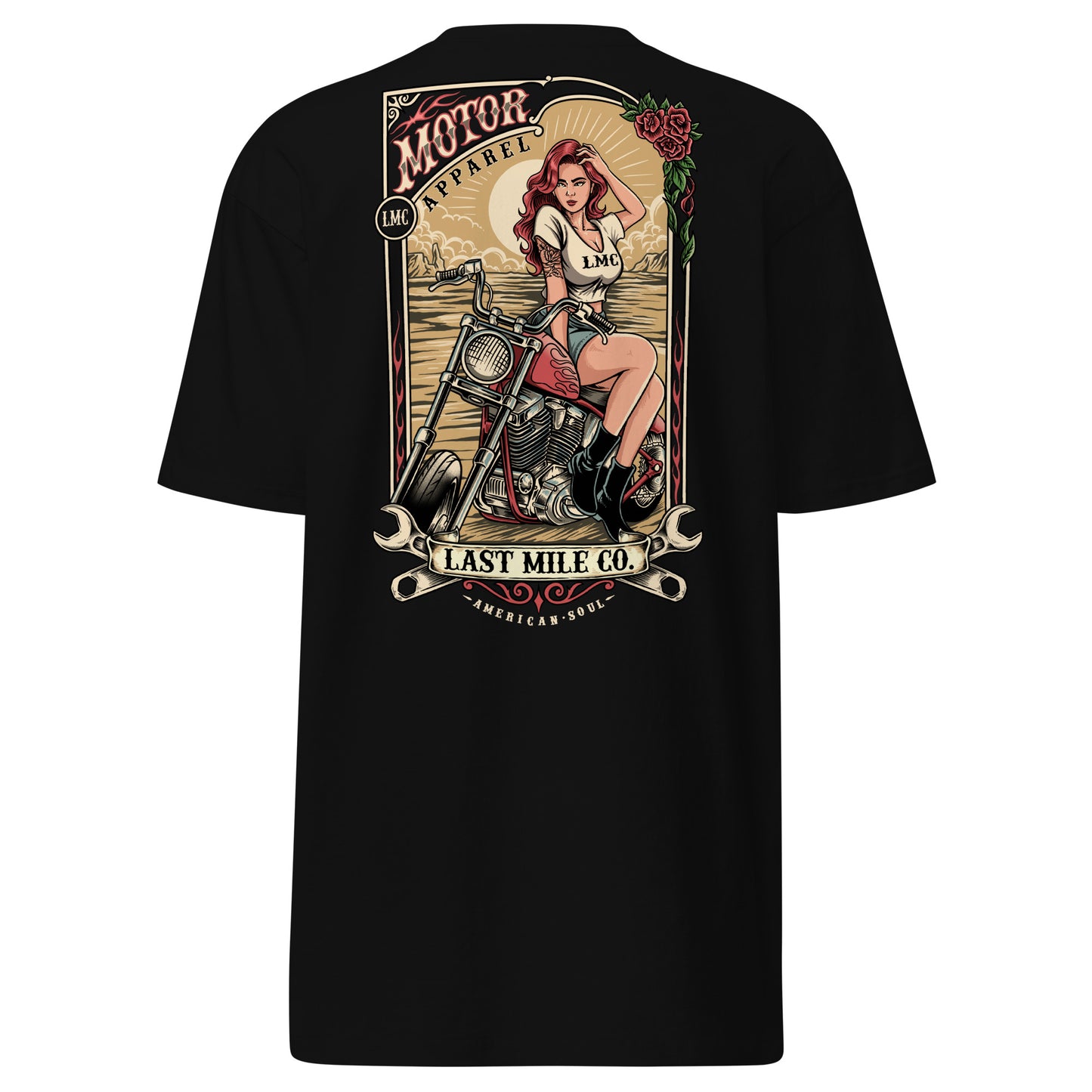 Roses and Chrome Tee men's motorcycle t-shirt, back graphic, roses and wrench-and-headlamp crest