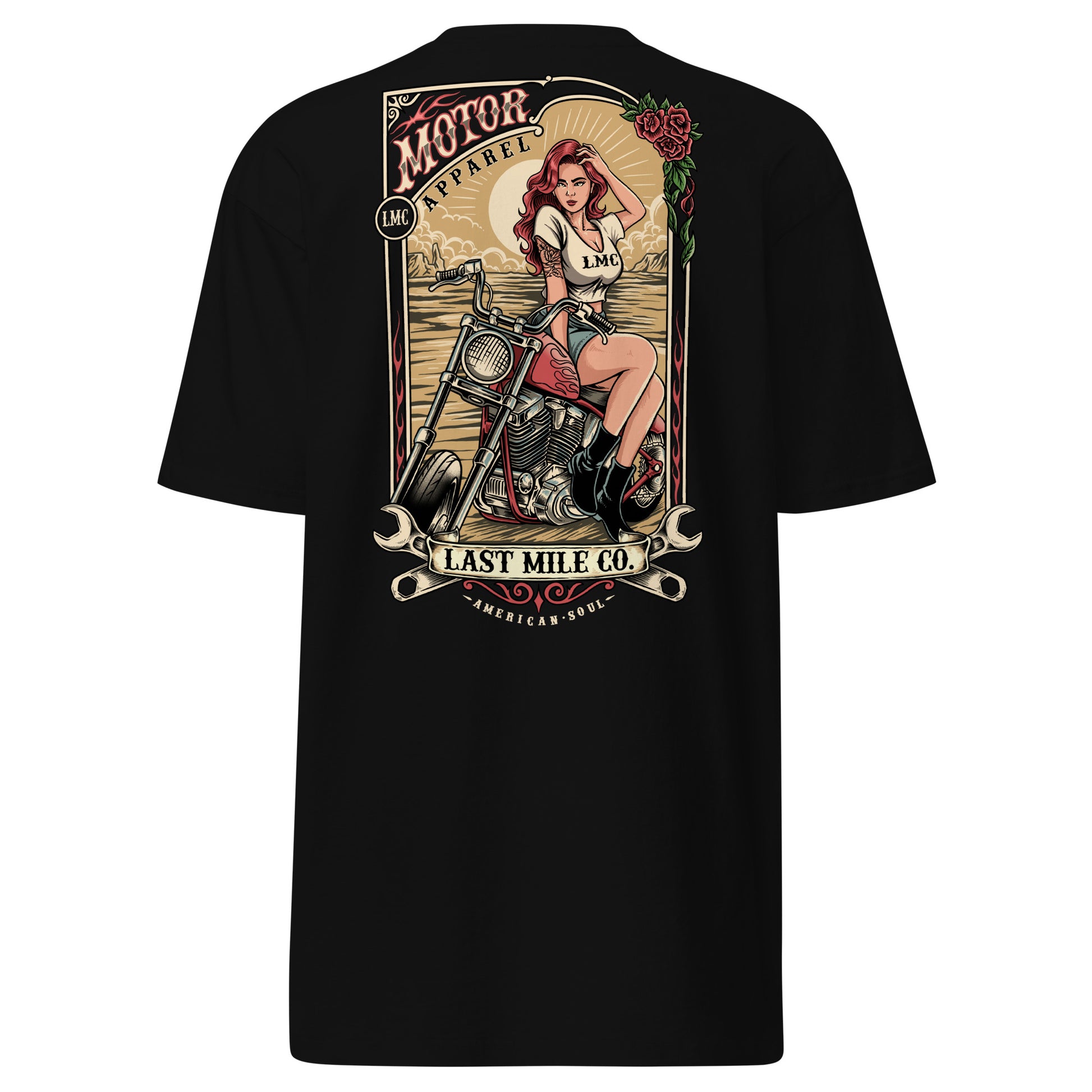 Roses and Chrome Tee men's motorcycle t-shirt, back graphic, roses and wrench-and-headlamp crest