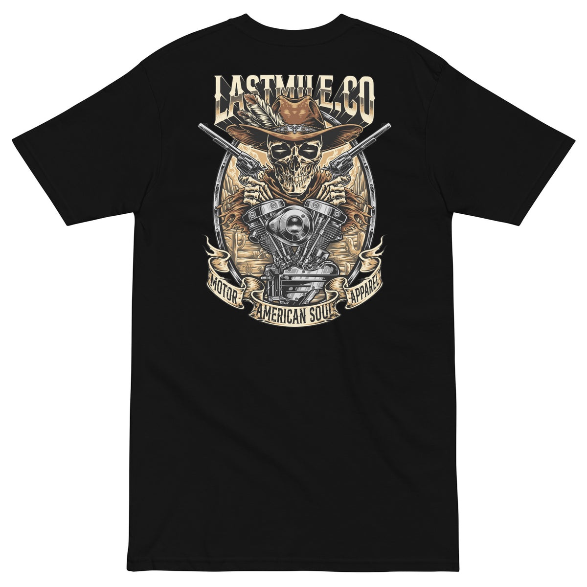 Built to Last Tee men's motorcycle t-shirt, back graphic, skull in a cowboy hat over a V-twin engine