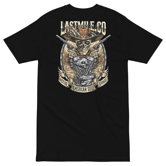 Built to Last Tee men's motorcycle t-shirt, back graphic, skull in a cowboy hat over a V-twin engine