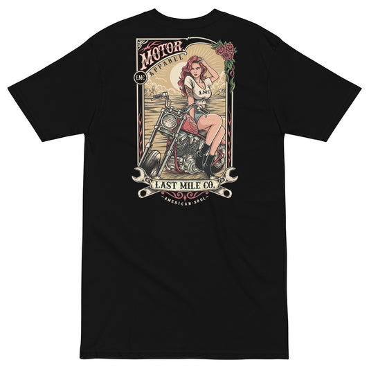 Roses and Chrome Tee men's motorcycle t-shirt, back graphic, roses and wrench-and-headlamp crest