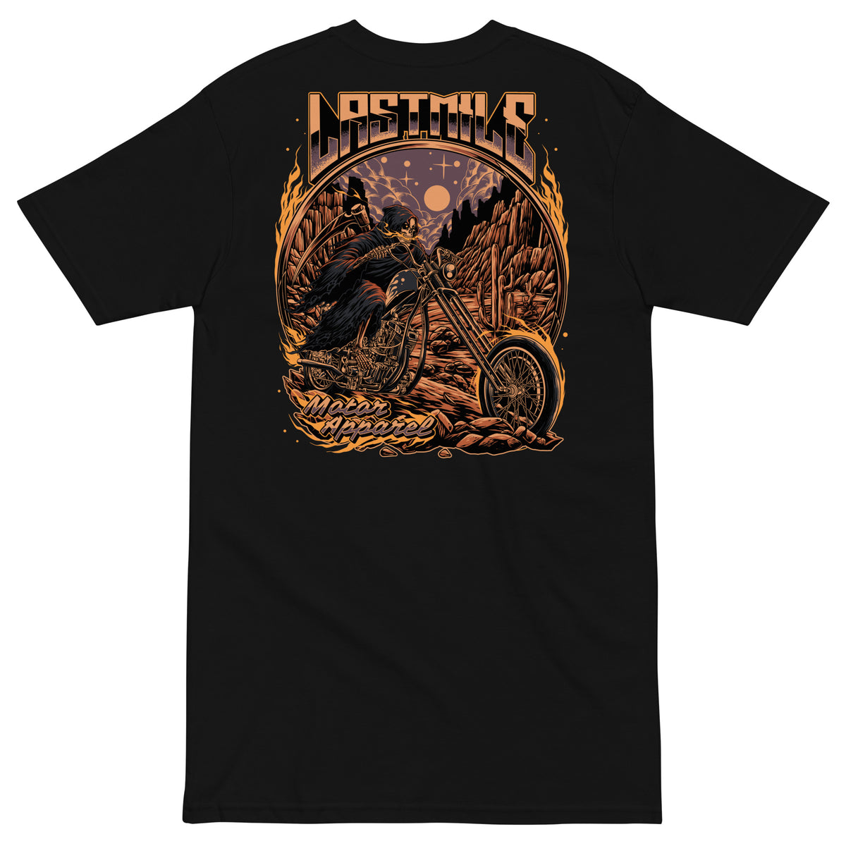 Last Rites Tee men's motorcycle t-shirt, back graphic, reaper riding a chopper through a desert canyon at night