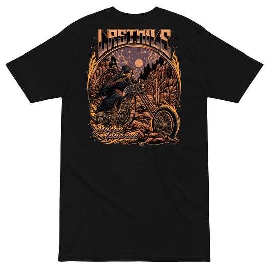 Last Rites Tee men's motorcycle t-shirt, back graphic, reaper riding a chopper through a desert canyon at night