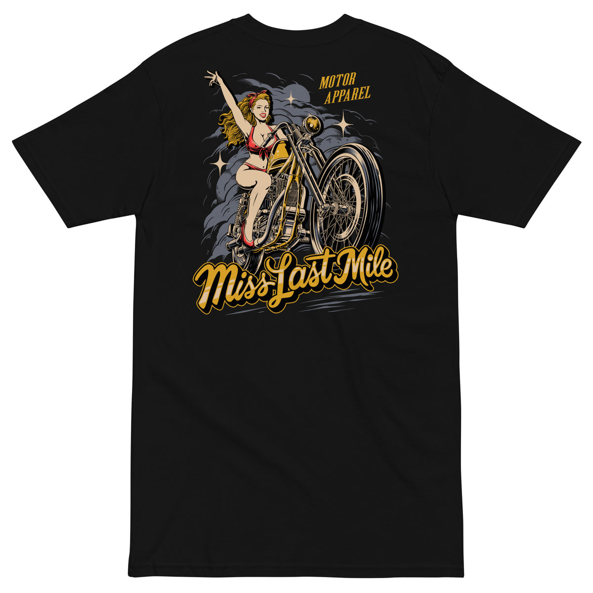Miss Last Mile Tee men's motorcycle t-shirt, back graphic, pin-up riding a chopper in red and gold
