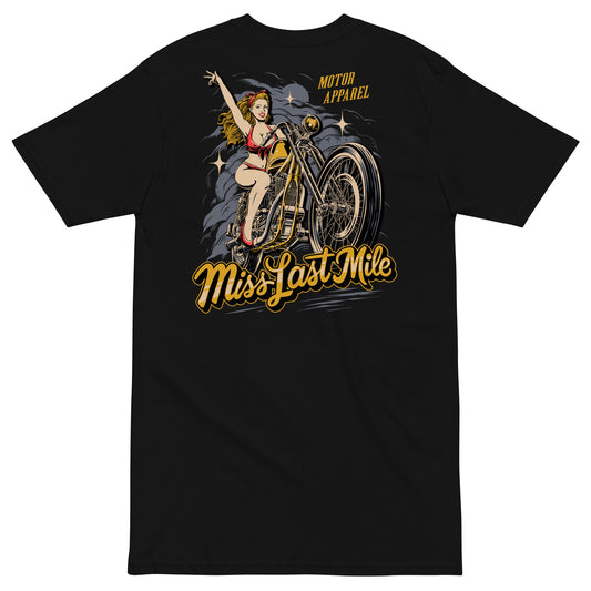 Miss Last Mile Tee men's motorcycle t-shirt, back graphic, pin-up riding a chopper in red and gold