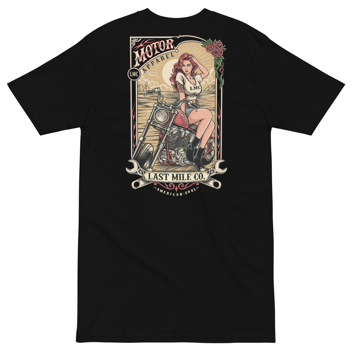 Roses and Chrome Tee men's motorcycle t-shirt, back graphic, roses and wrench-and-headlamp crest