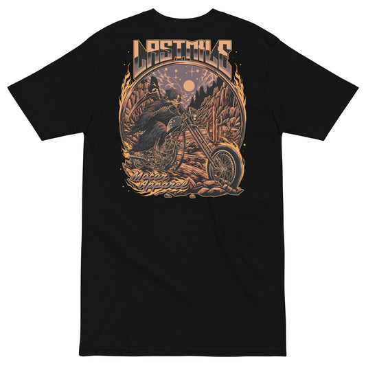 Last Rites Tee men's motorcycle t-shirt, back graphic, reaper riding a chopper through a desert canyon at night