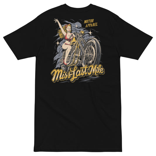 Miss Last Mile Tee men's motorcycle t-shirt, back graphic, pin-up riding a chopper in red and gold