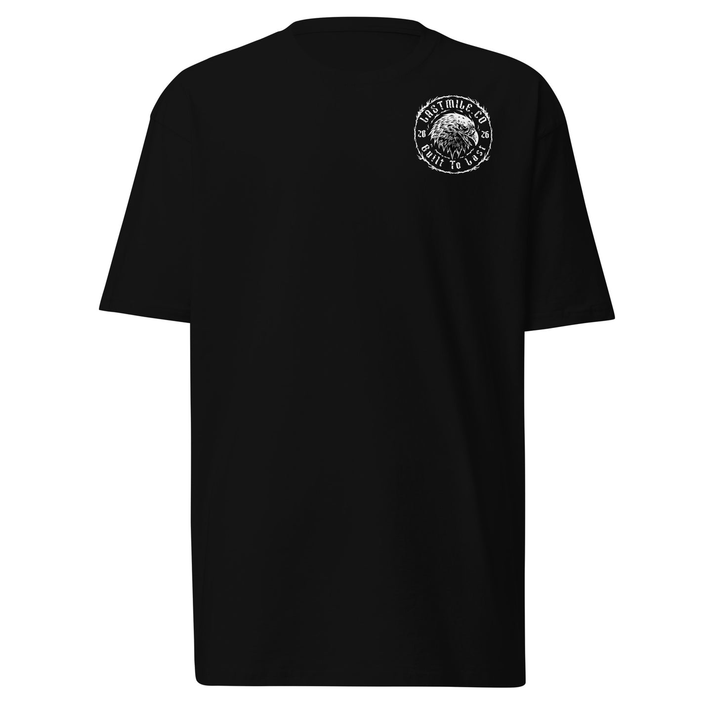 Wing and Iron Tee motorcycle t-shirt, front view, black heavyweight cotton with chest badge