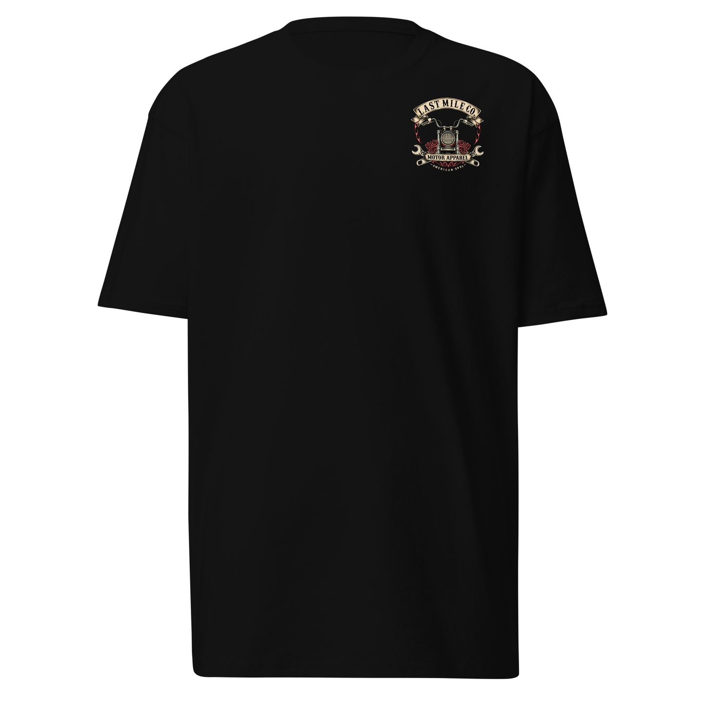 Roses and Chrome Tee men's motorcycle t-shirt, front view, black chest crest