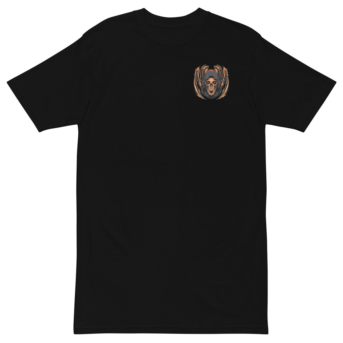 Last Rites Tee men's motorcycle t-shirt, front view, hooded skull chest badge with exhaust pipes