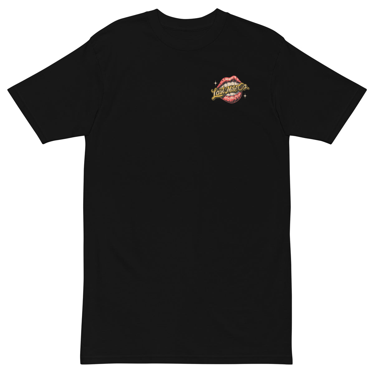 Miss Last Mile Tee men's motorcycle t-shirt, front view, red lips chest badge
