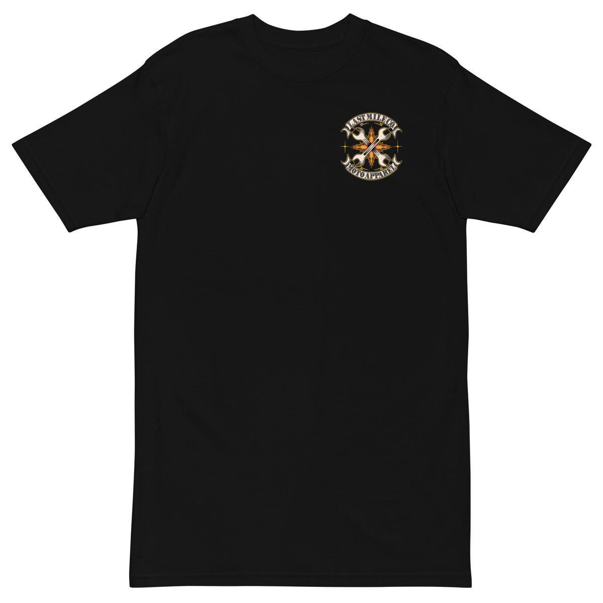 Grease and Gold Tee, crossed wrenches chest badge, black