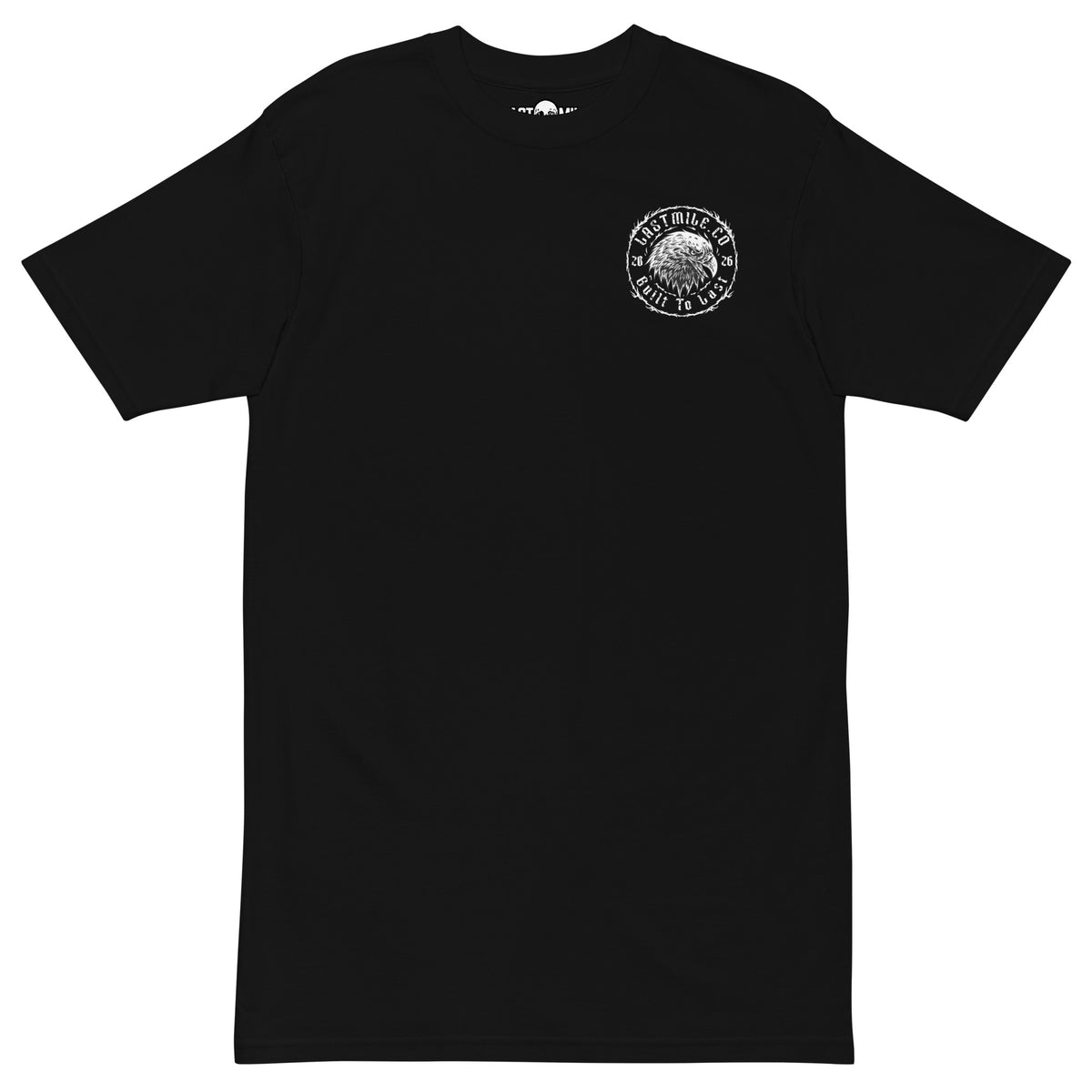 Wing and Iron Tee men's motorcycle t-shirt, front view, black chest badge