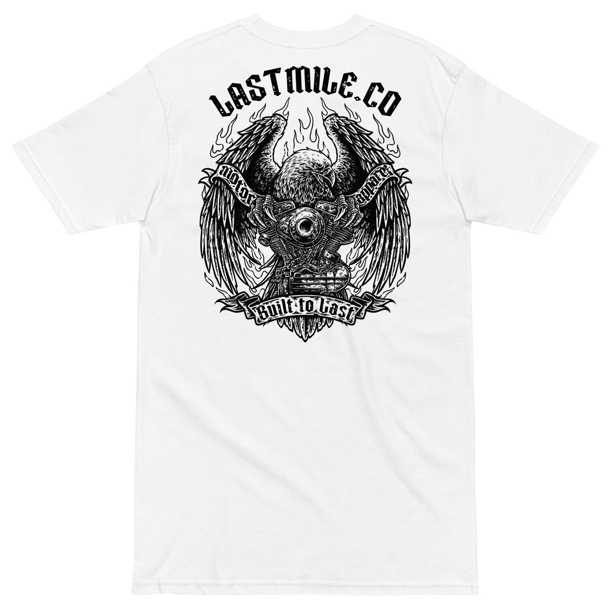 Wing and Iron Tee White motorcycle t-shirt, back graphic, bald eagle and V-twin engine print