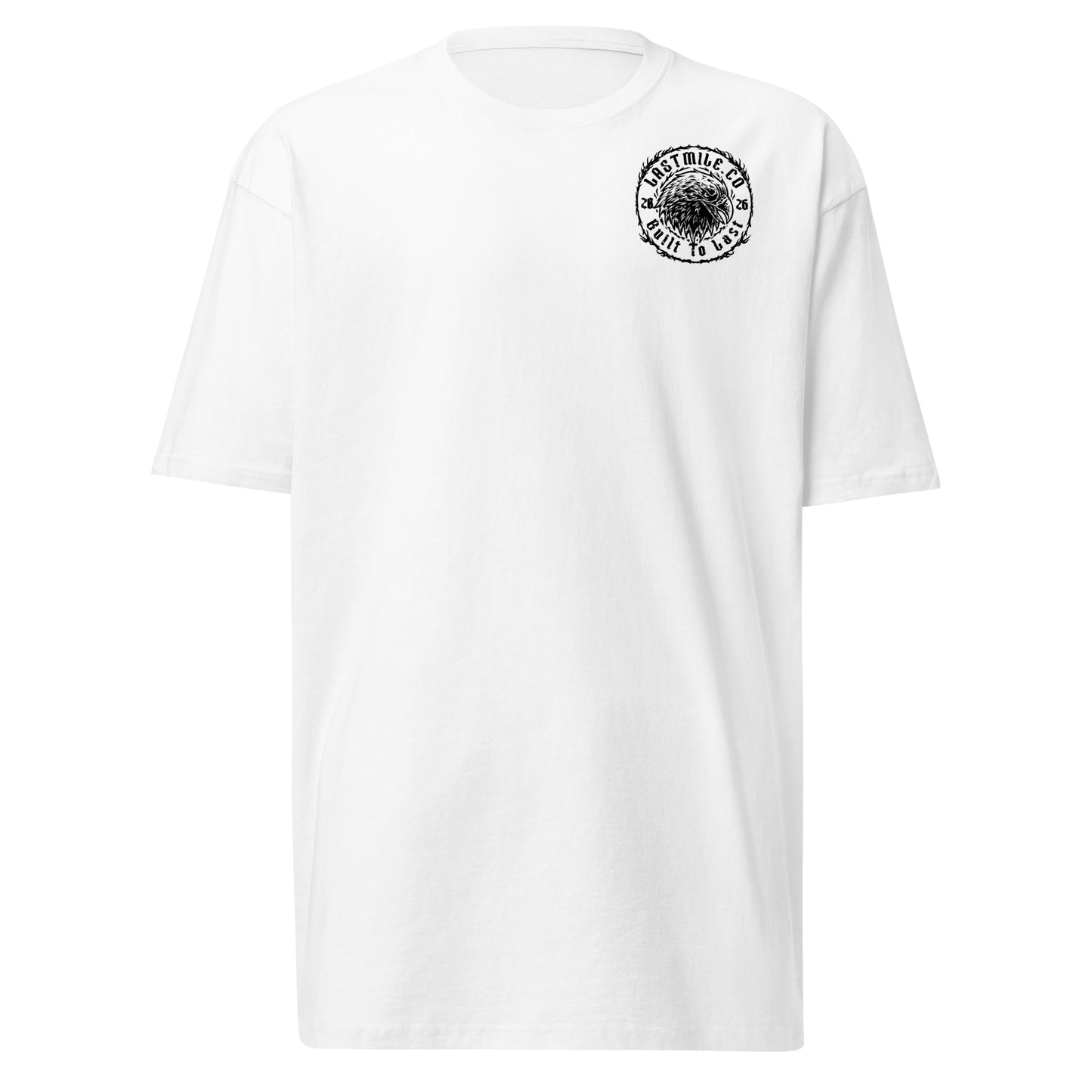 Wing and Iron Tee White motorcycle t-shirt, front view, white heavyweight cotton with chest badge