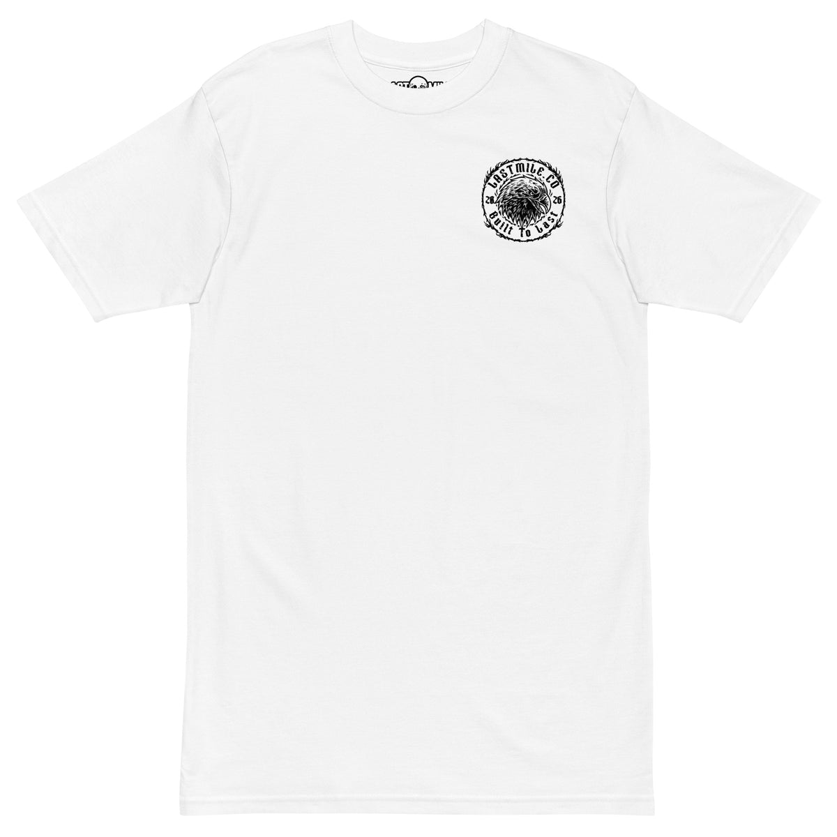 Wing and Iron Tee White motorcycle t-shirt, front view, white heavyweight cotton with chest badge