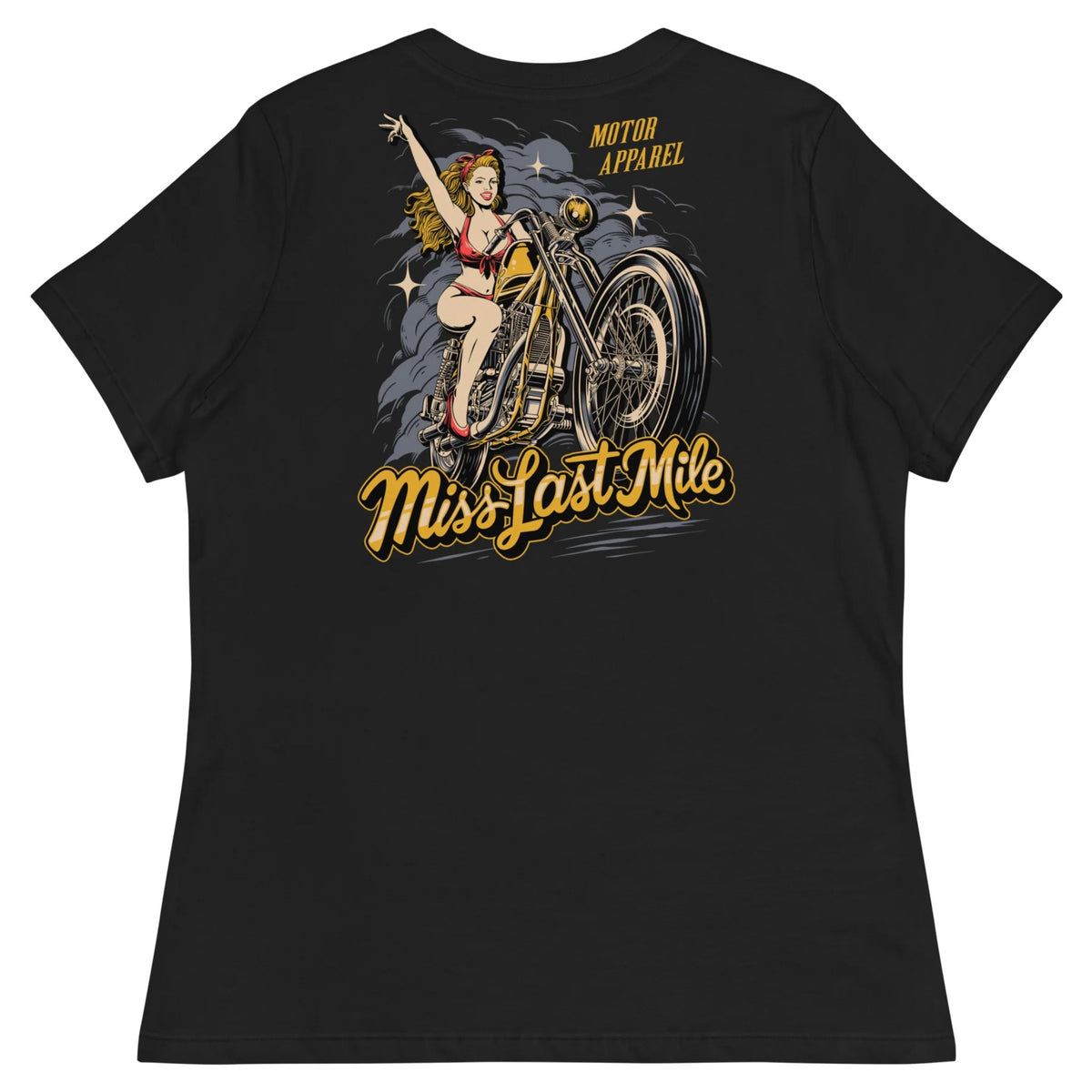 Miss Last Mile Womens Tee women's motorcycle t-shirt, back graphic, pin-up riding a chopper in red and gold