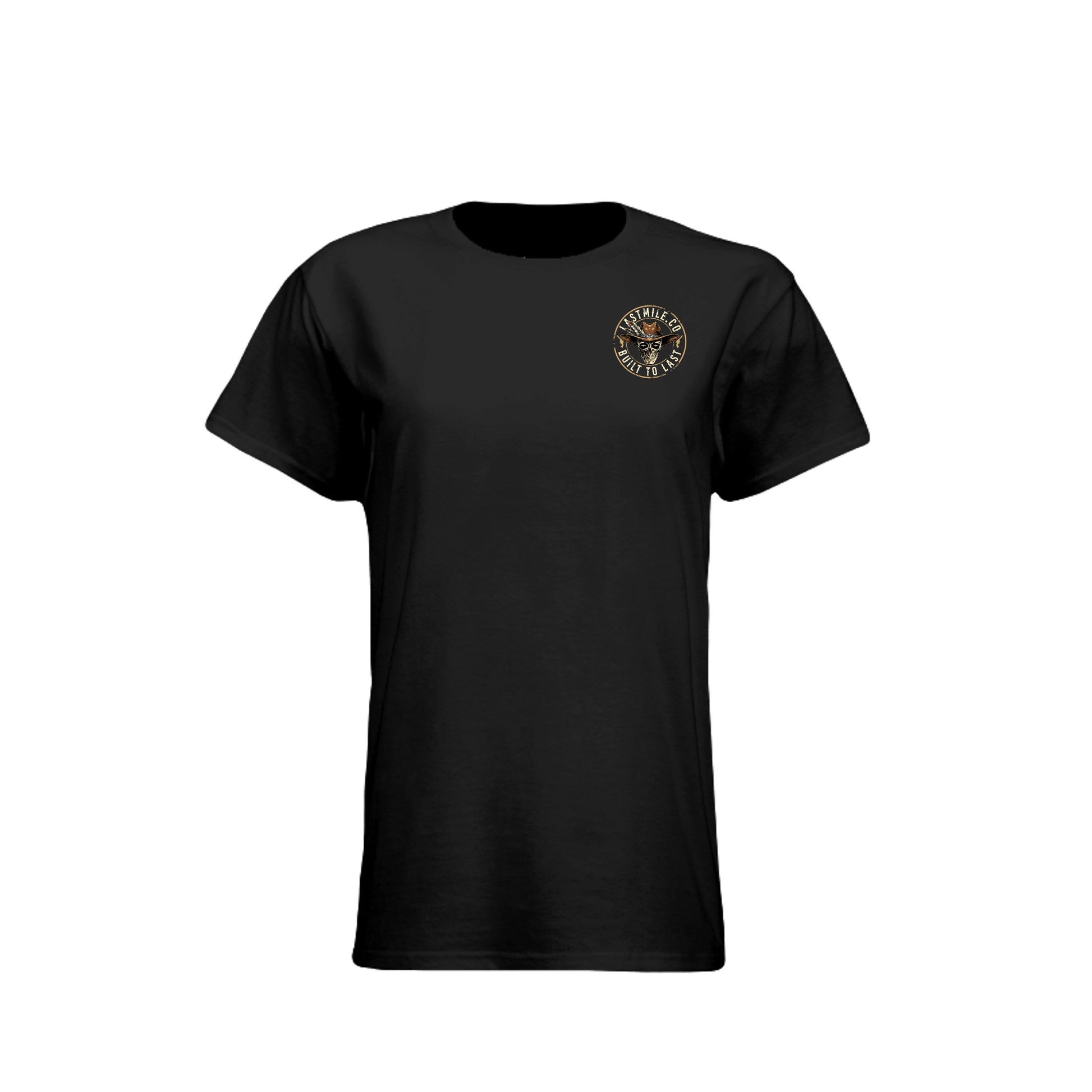Built to Last Tee women's fit motorcycle t-shirt, front view, black chest badge