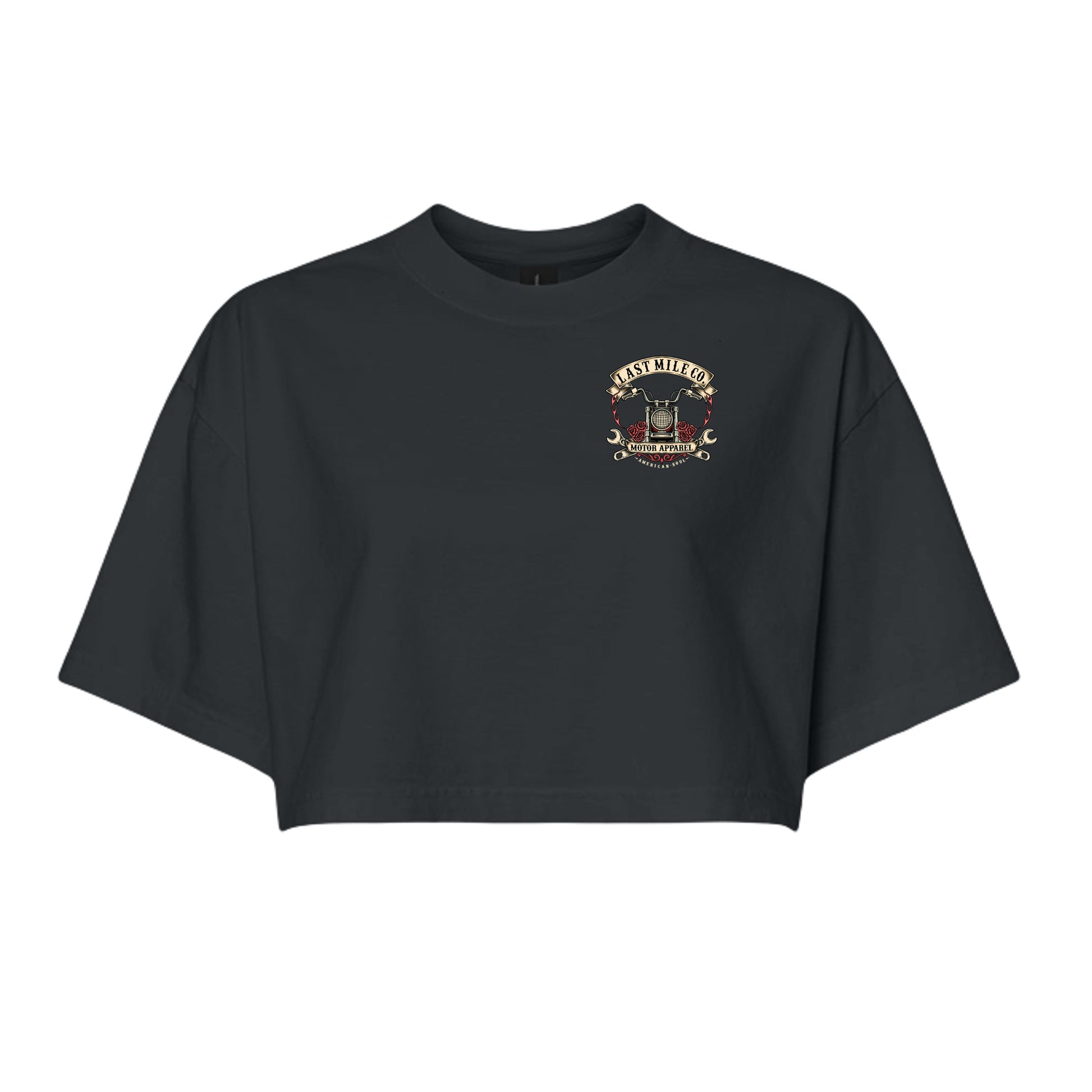 Roses and Chrome Crop women's motorcycle crop top, front view, washed black garment-dyed cotton