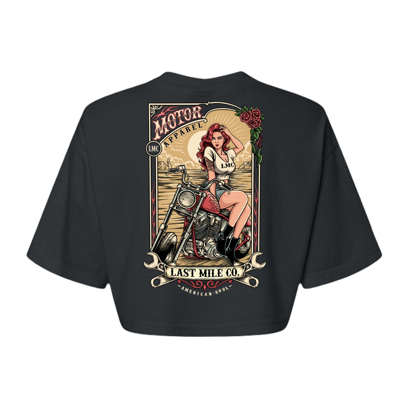 Roses and Chrome Crop women's motorcycle crop top, back graphic, roses and wrench-and-headlamp crest