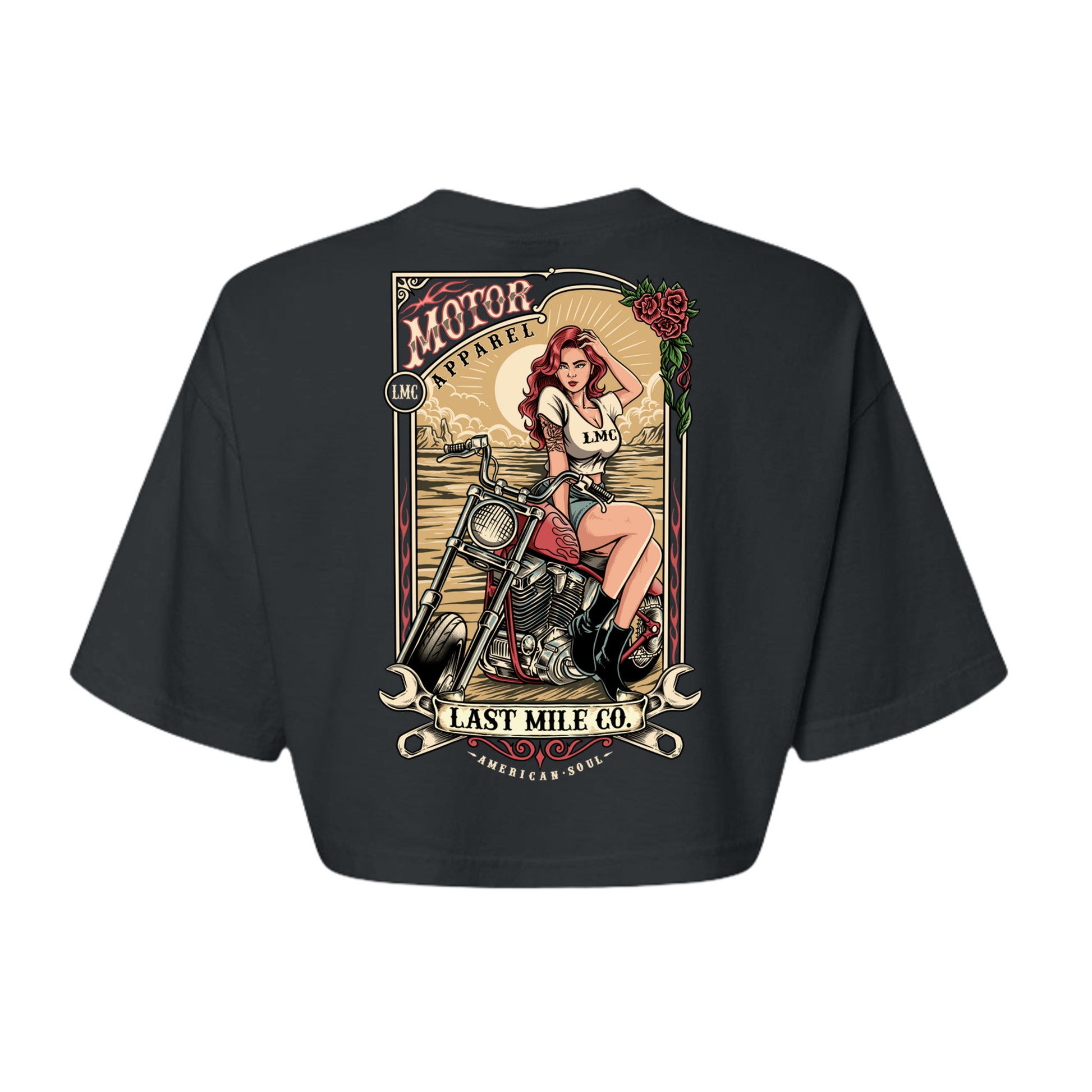 Roses and Chrome Crop women's motorcycle crop top, back graphic, roses and wrench-and-headlamp crest