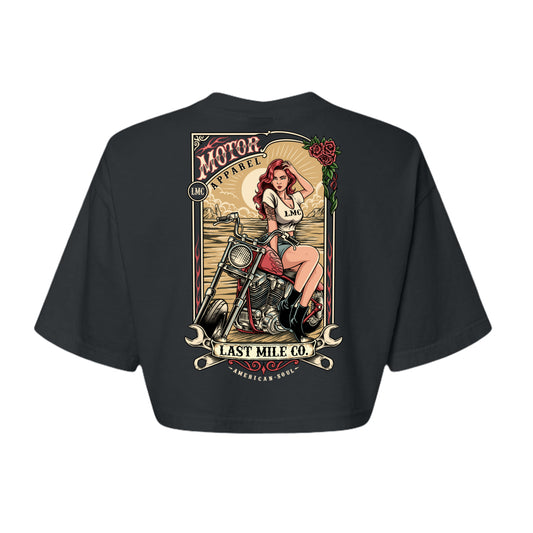 Roses and Chrome Crop women's motorcycle crop top, back graphic, roses and wrench-and-headlamp crest