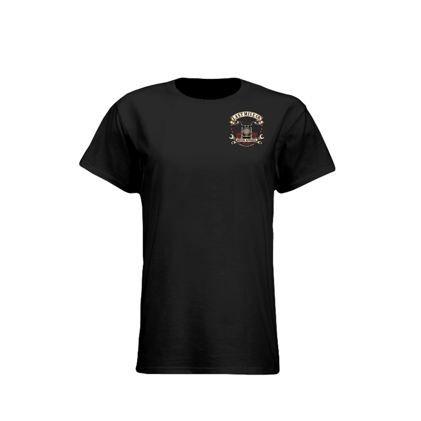 Roses and Chrome Tee women's motorcycle t-shirt, front view, black chest crest