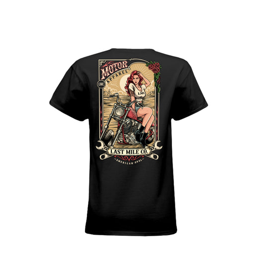 Roses and Chrome Tee women's motorcycle t-shirt, back graphic, roses and wrench-and-headlamp crest