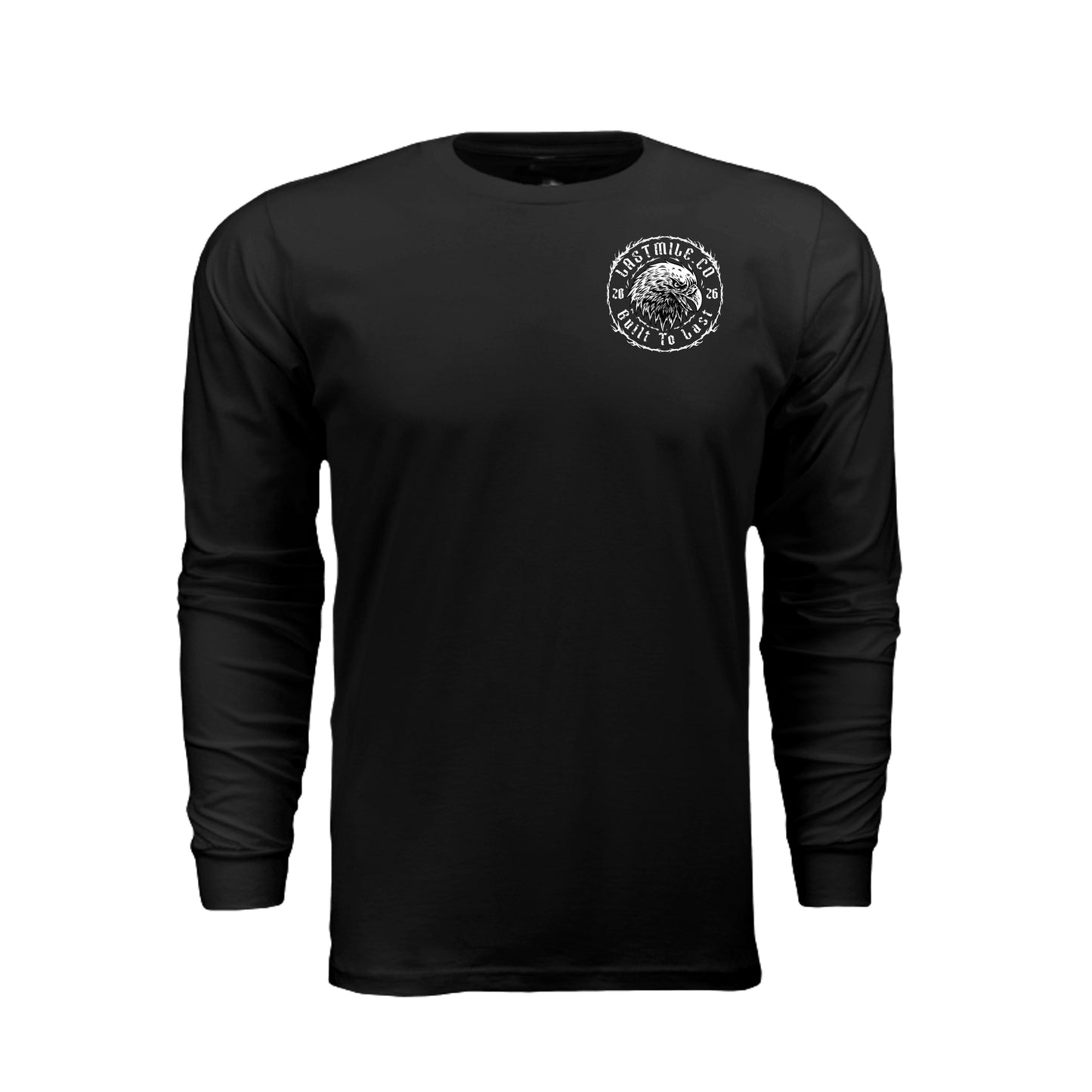 Wing and Iron Long Sleeve motorcycle riding shirt, front view, black ringspun cotton