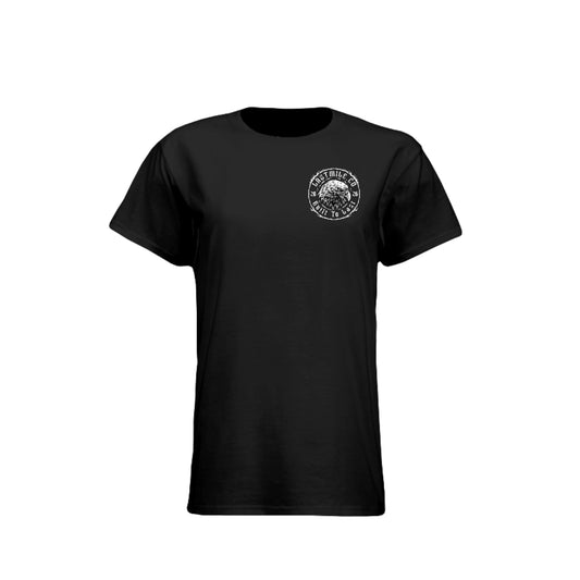 Wing and Iron Tee women's fit motorcycle t-shirt, front view, black chest badge