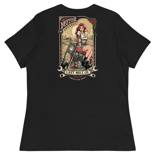Roses and Chrome Womens Tee women's motorcycle t-shirt, back graphic, pin-up rider with roses and chrome