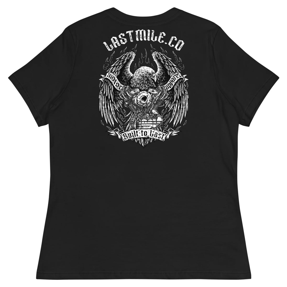 Wing and Iron Womens Tee women's motorcycle t-shirt, back graphic, bald eagle gripping a V-twin engine