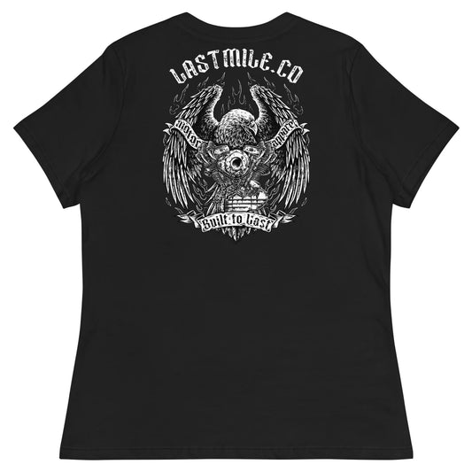 Wing and Iron Womens Tee women's motorcycle t-shirt, back graphic, bald eagle gripping a V-twin engine