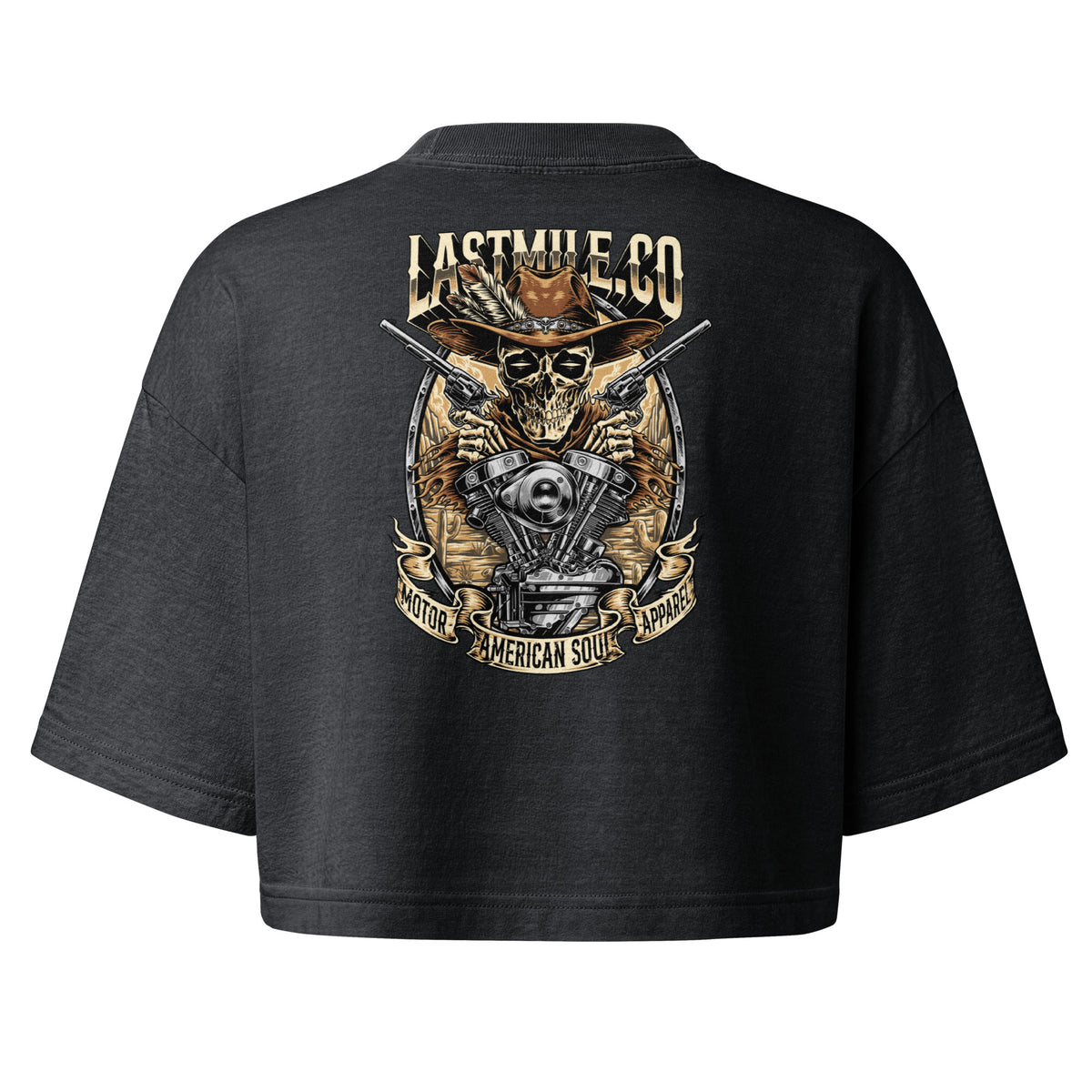 Built to Last Crop women's motorcycle crop top, back graphic, skull in a cowboy hat over a V-twin engine