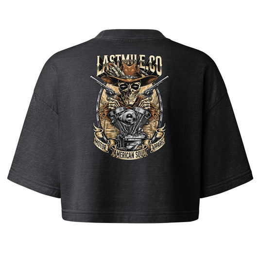 Built to Last Crop women's motorcycle crop top, back graphic, skull in a cowboy hat over a V-twin engine