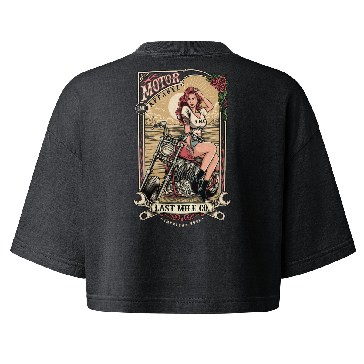 Roses and Chrome Crop women's motorcycle crop top, back graphic, pin-up rider with roses and chrome