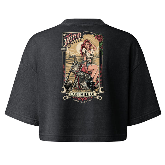 Roses and Chrome Crop women's motorcycle crop top, back graphic, pin-up rider with roses and chrome